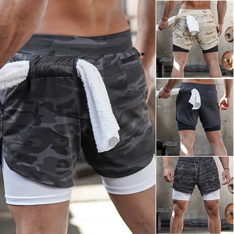 "Sportiga herrshorts 2-i-1 i kamouflage med fickor, polyester-bomullstyg, gröna nyanser, perfekt för träning och fritid."