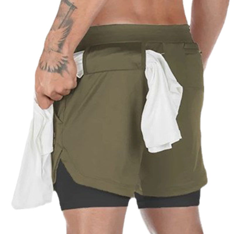 "Sportiga herrshorts 2-i-1 i kamouflage med fickor, polyester-bomullstyg, gröna nyanser, perfekt för träning och fritid."