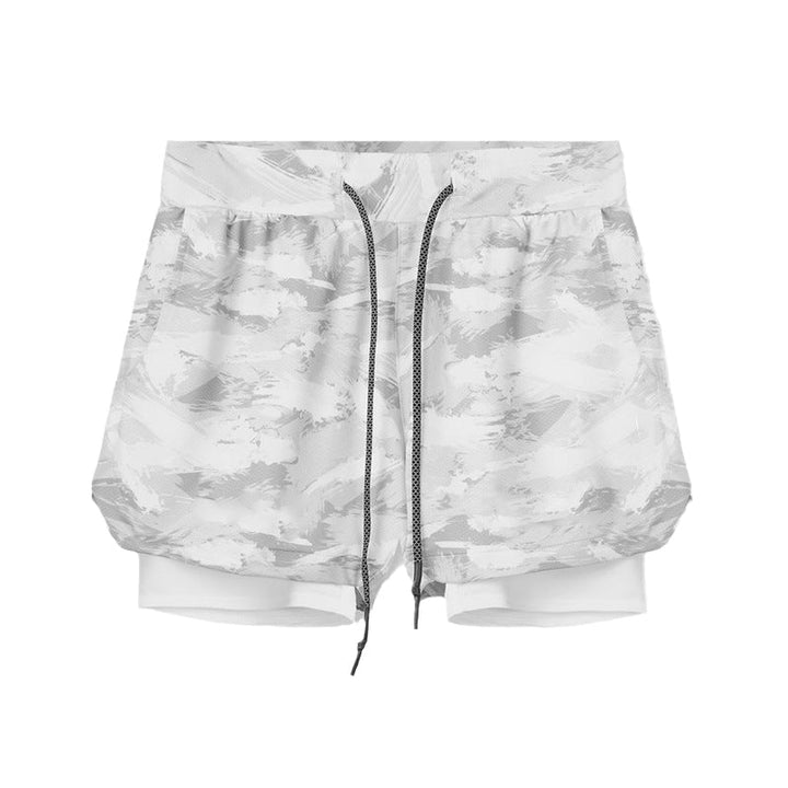 "Sportiga herrshorts 2-i-1 i kamouflage med fickor, polyester-bomullstyg, gröna nyanser, perfekt för träning och fritid."