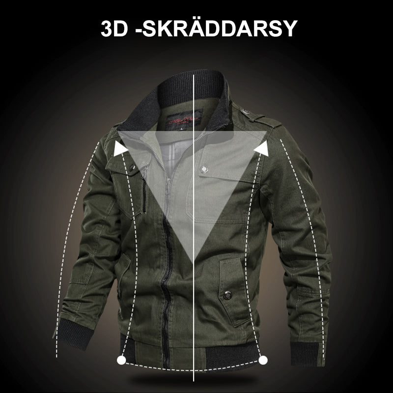 "Stilig herrjacka i kaki med ribbstickad krage, praktiska fickor och ribbstickade muddar, perfekt för kyliga dagar."