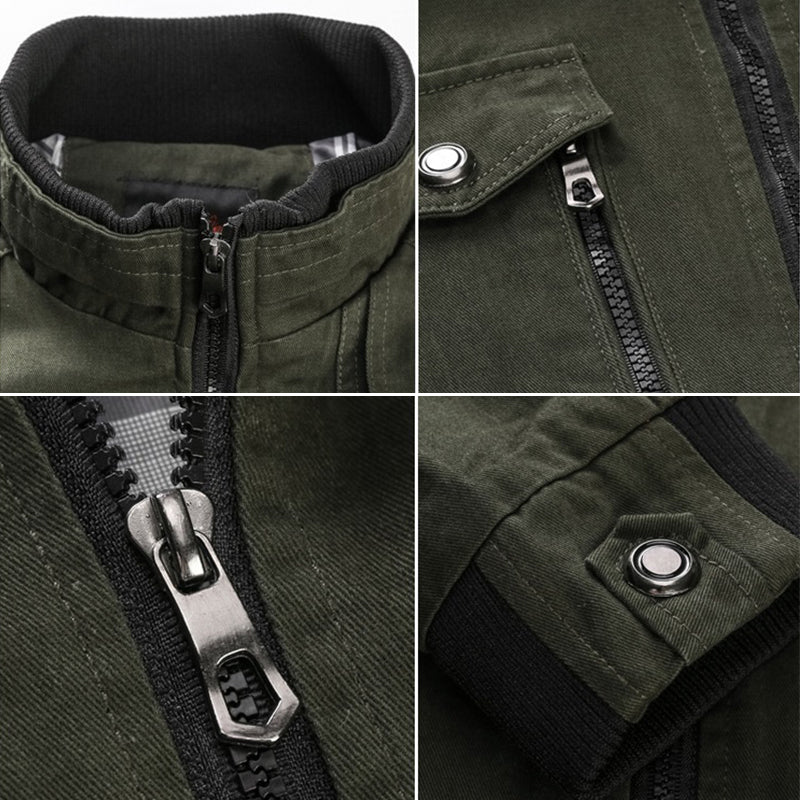 "Stilig herrjacka i kaki med ribbstickad krage, praktiska fickor och ribbstickade muddar, perfekt för kyliga dagar."