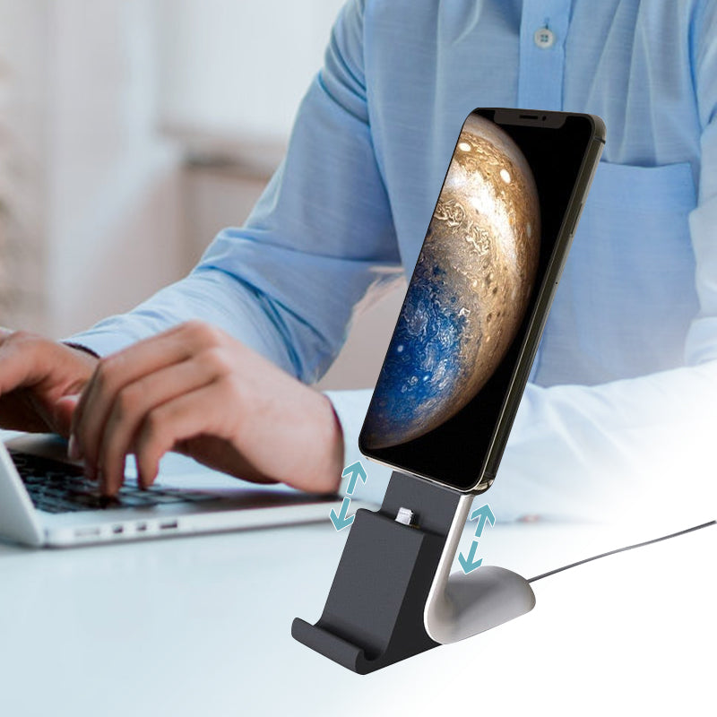 "Stilrent telefonställ i ABS och silikon för snabb laddning och kabelorganisation, perfekt för iPhone och Android-enheter."