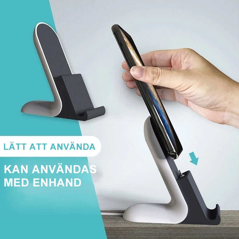 "Stilrent telefonställ i ABS och silikon för snabb laddning och kabelorganisation, perfekt för iPhone och Android-enheter."