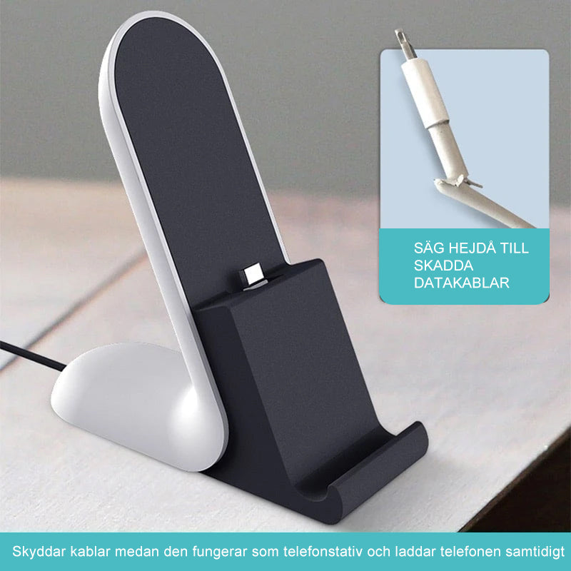 "Stilrent telefonställ i ABS och silikon för snabb laddning och kabelorganisation, perfekt för iPhone och Android-enheter."
