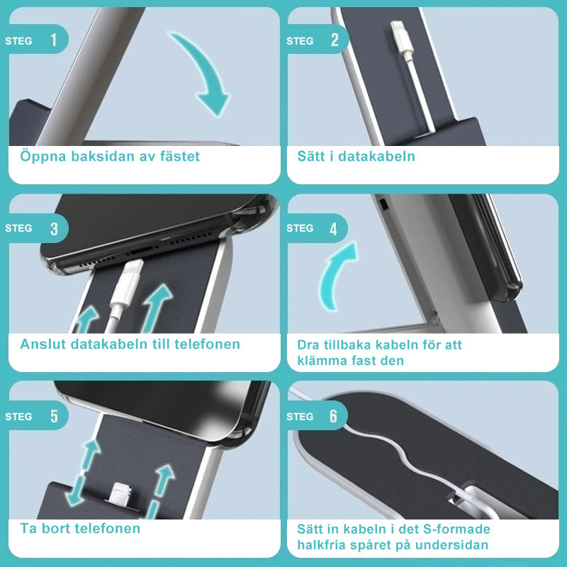 "Stilrent telefonställ i ABS och silikon för snabb laddning och kabelorganisation, perfekt för iPhone och Android-enheter."