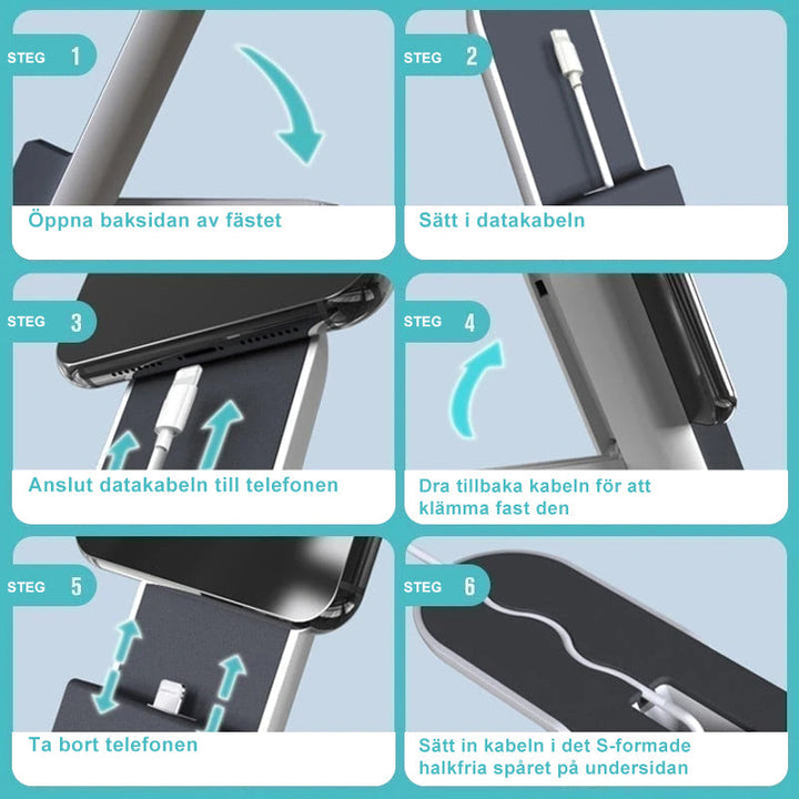 "Stilrent telefonställ i ABS och silikon för snabb laddning och kabelorganisation, perfekt för iPhone och Android-enheter."