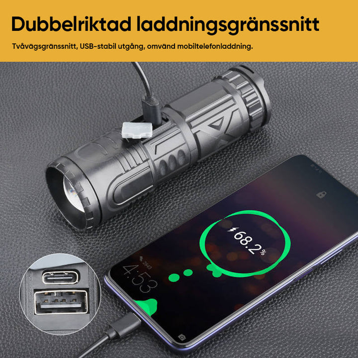 Super stark ficklampa med zoom, vattentät och 3000 lumen. Kompakt design, grå färg, perfekt för utomhusäventyr.