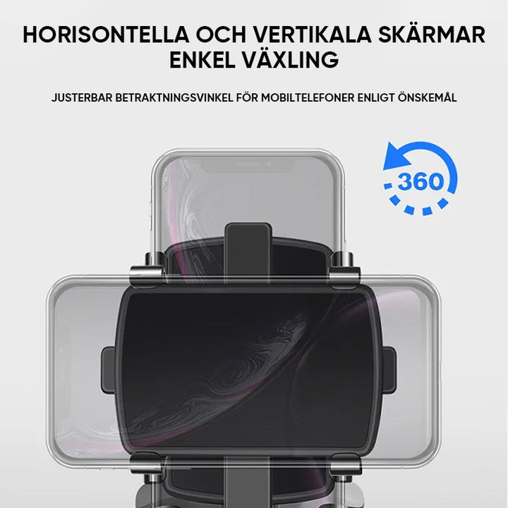 "Svart 360° telefonhållare för bilens instrumentbräda, justerbar och i robust ABS-plast, passar telefoner 3-7 tum."