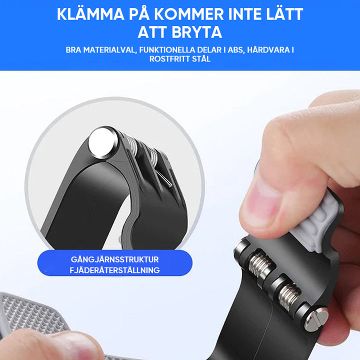 "Svart 360° telefonhållare för bilens instrumentbräda, justerbar och i robust ABS-plast, passar telefoner 3-7 tum."