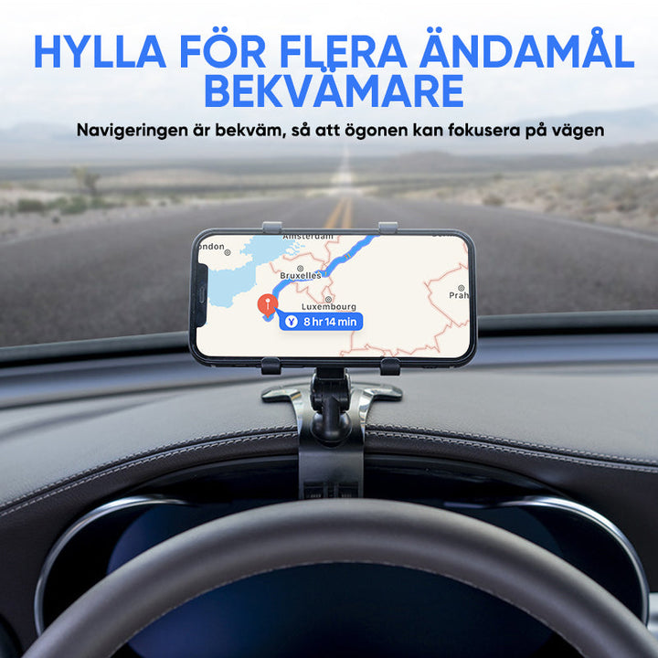 "Svart 360° telefonhållare för bilens instrumentbräda, justerbar och i robust ABS-plast, passar telefoner 3-7 tum."