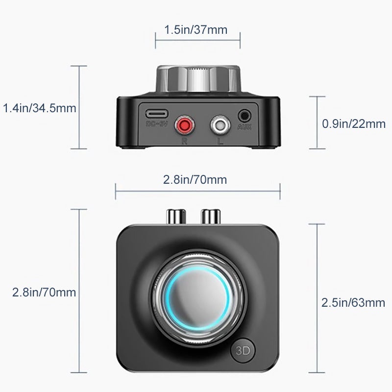 "Svart Bluetooth 5.0 RCA mottagare med AUX, kompakt design och tydliga volymkontroller samt microSD-kortläsare"
