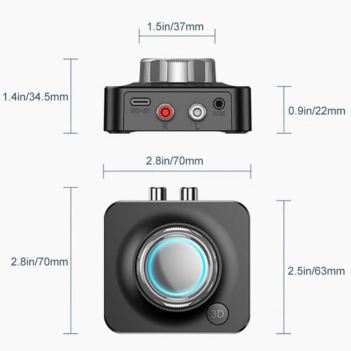 "Svart Bluetooth 5.0 RCA mottagare med AUX, kompakt design och tydliga volymkontroller samt microSD-kortläsare"