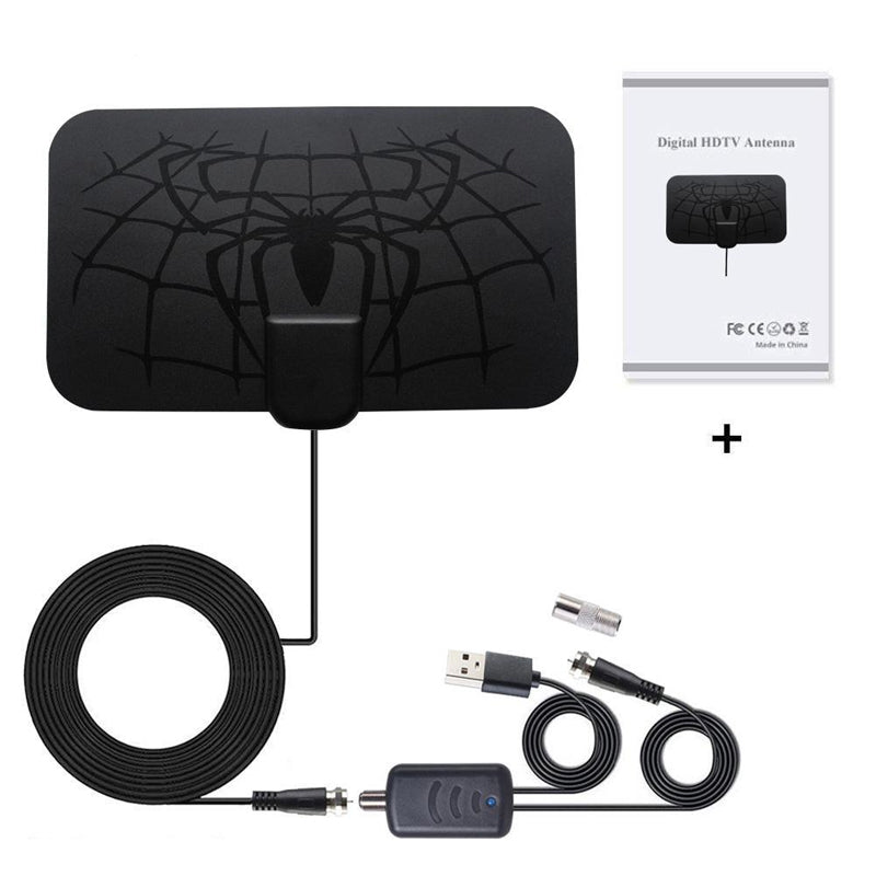 "Svart digital TV-antenn med förstärkare, kompakt design, monterad på vägg; klart bild och minimerad störning med 4G/5G-filte