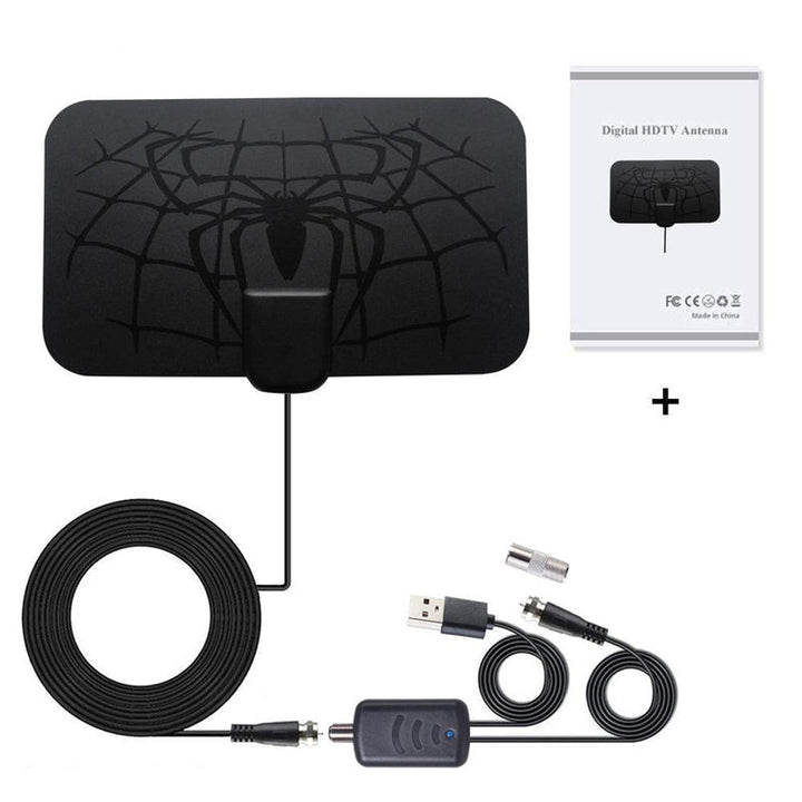 "Svart digital TV-antenn med förstärkare, kompakt design, monterad på vägg; klart bild och minimerad störning med 4G/5G-filte