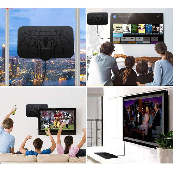 "Svart digital TV-antenn med förstärkare, kompakt design, monterad på vägg; klart bild och minimerad störning med 4G/5G-filte