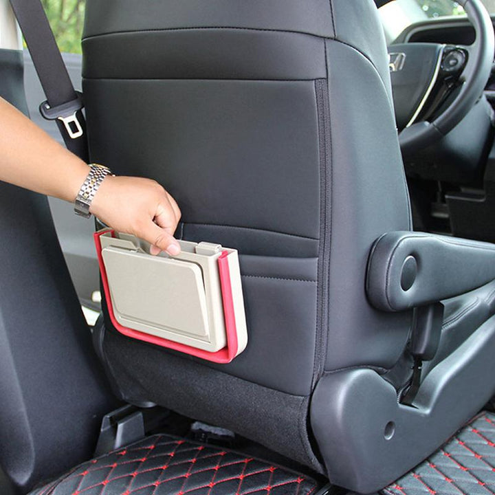 "Svart eller beige hopfällbar plastskräpkorg för bil, hållbar och stilren, med klämmor och krokar för enkel installation."