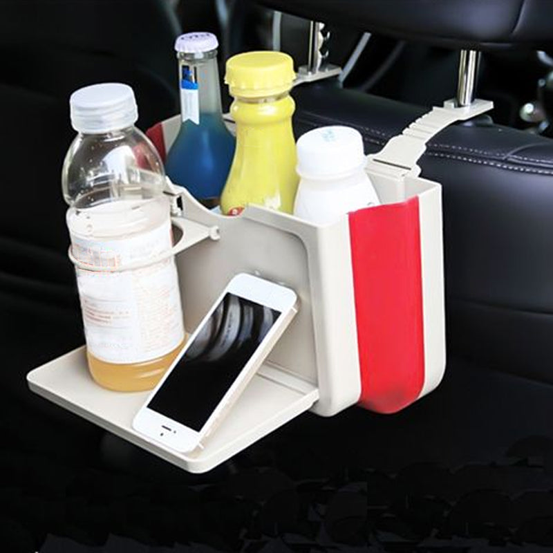 "Svart eller beige hopfällbar plastskräpkorg för bil, hållbar och stilren, med klämmor och krokar för enkel installation."