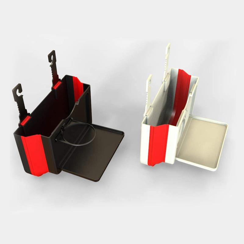 "Svart eller beige hopfällbar plastskräpkorg för bil, hållbar och stilren, med klämmor och krokar för enkel installation."