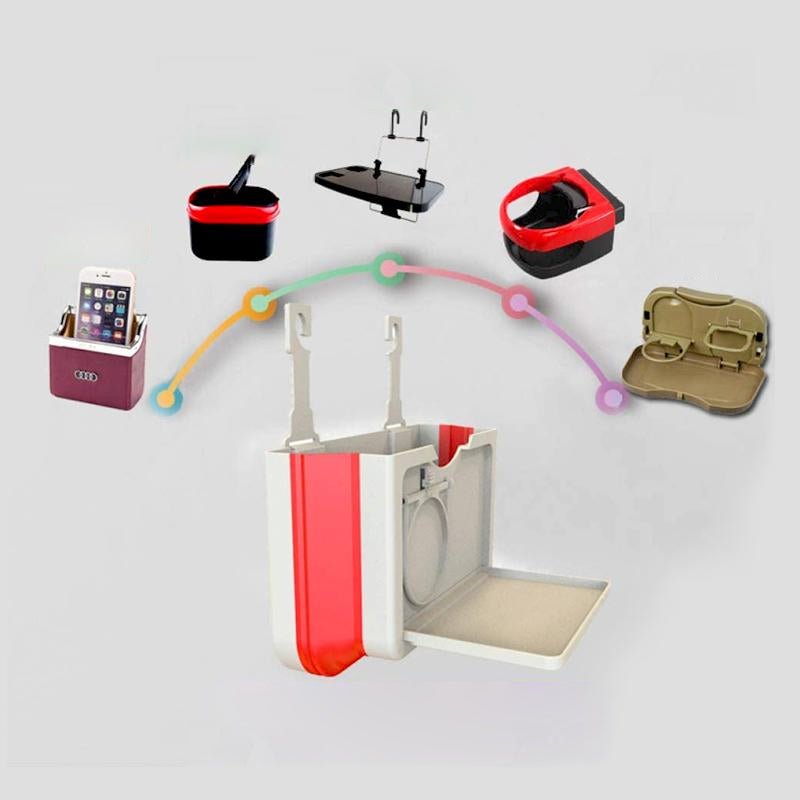 "Svart eller beige hopfällbar plastskräpkorg för bil, hållbar och stilren, med klämmor och krokar för enkel installation."