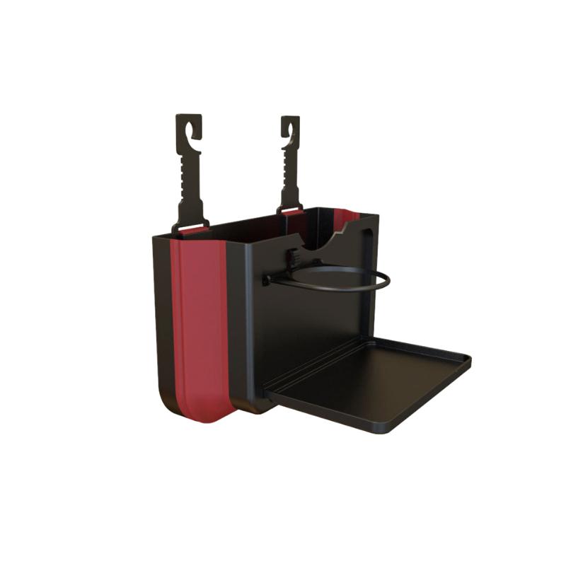 "Svart eller beige hopfällbar plastskräpkorg för bil, hållbar och stilren, med klämmor och krokar för enkel installation."