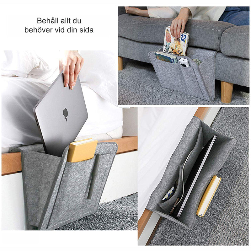"Svart filt förvaringsväska vid soffa, praktisk förvaring för vardagsrum och sovrum, elegant design 22x27 cm."