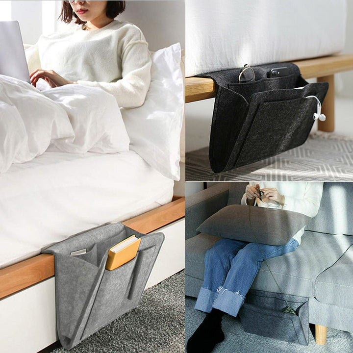 "Svart filt förvaringsväska vid soffa, praktisk förvaring för vardagsrum och sovrum, elegant design 22x27 cm."