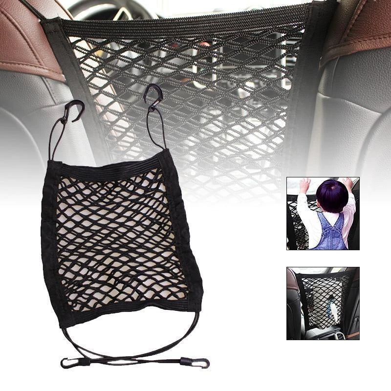 "Svart förvaringsnät för bilsäte med flexibel fyrsidig mesh. Slitstarkt nylon, organiserar resor, 25x30 cm."