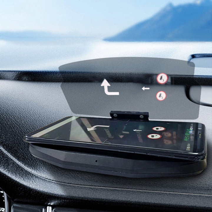 "Svart HUD Display och mobilhållare för bil, med trådlös laddning och tydlig display i ljusa förhållanden."
