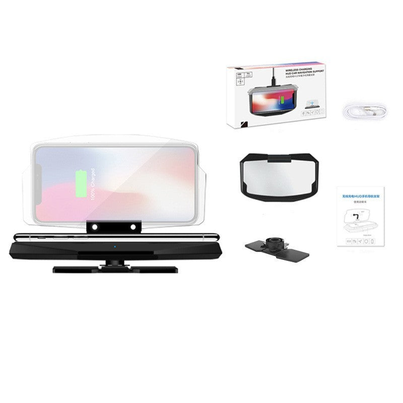 "Svart HUD Display och mobilhållare för bil, med trådlös laddning och tydlig display i ljusa förhållanden."
