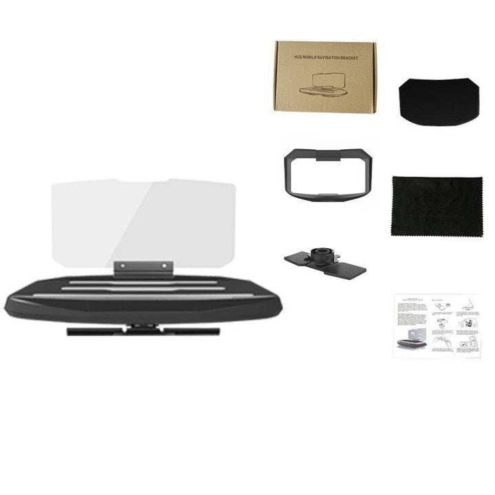 "Svart HUD Display och mobilhållare för bil, med trådlös laddning och tydlig display i ljusa förhållanden."