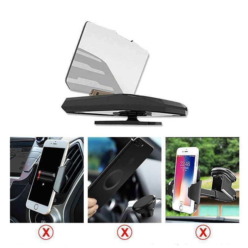 "Svart HUD Display och mobilhållare för bil, med trådlös laddning och tydlig display i ljusa förhållanden."