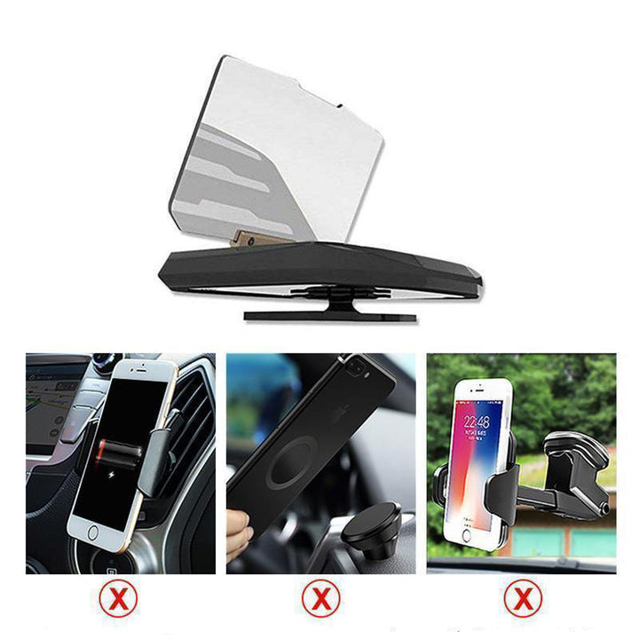 "Svart HUD Display och mobilhållare för bil, med trådlös laddning och tydlig display i ljusa förhållanden."