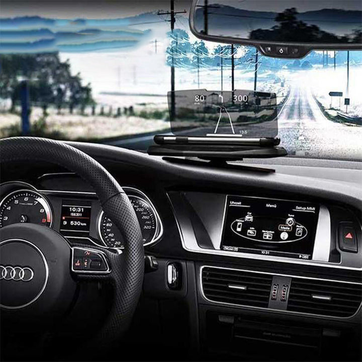 "Svart HUD Display och mobilhållare för bil, med trådlös laddning och tydlig display i ljusa förhållanden."