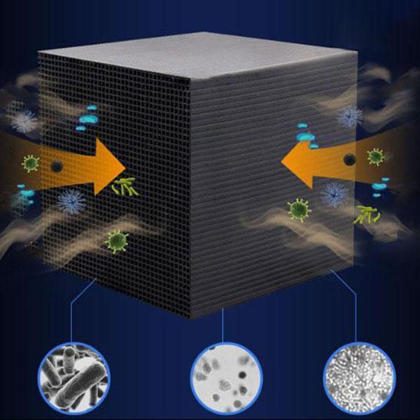 "Svart, kubformad vattenrengörare för akvarium med aktivt kol, renar vatten från smuts och kemikalier, hållbart akvarietillbe