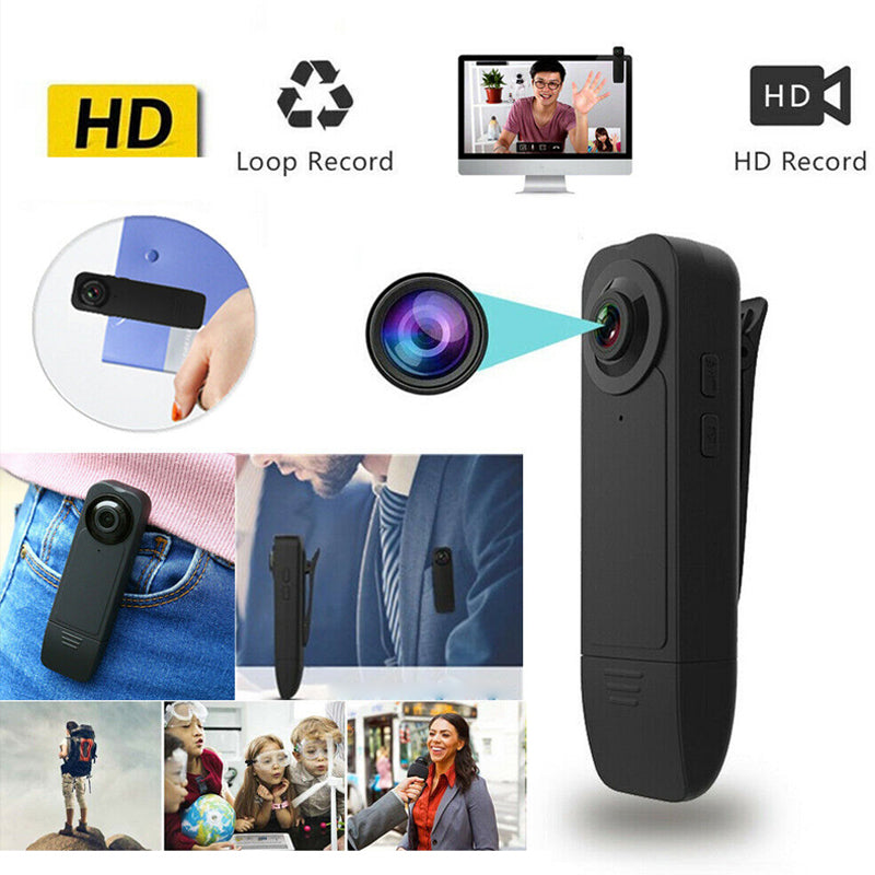 "Svart mini kroppskamera för videoinspelning, kompakt och lätt design med vidvinkelobjektiv och högupplöst kvalitet."
