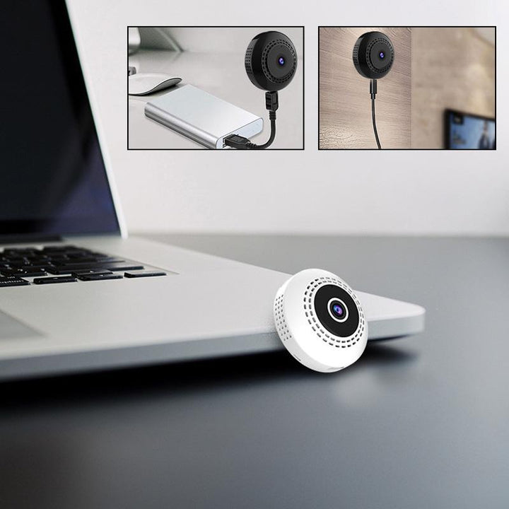 Svart mini WiFi-kamera för hem och bil, kompakt design, högupplöst video, night vision, magnetisk bas för enkel placering.