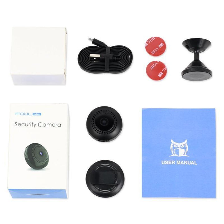 Svart mini WiFi-kamera för hem och bil, kompakt design, högupplöst video, night vision, magnetisk bas för enkel placering.