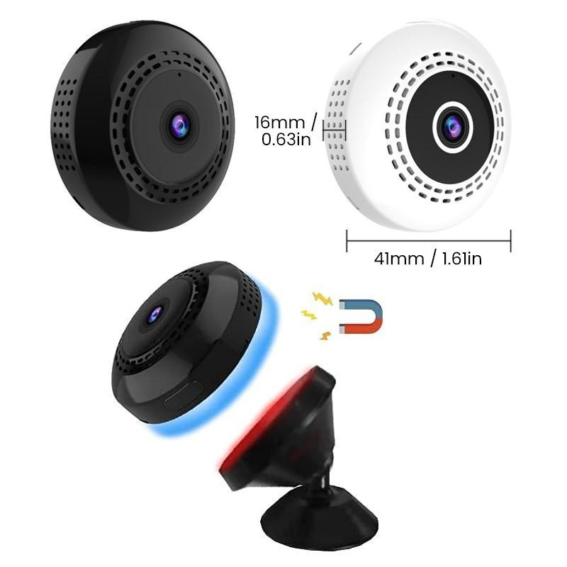 Svart mini WiFi-kamera för hem och bil, kompakt design, högupplöst video, night vision, magnetisk bas för enkel placering.