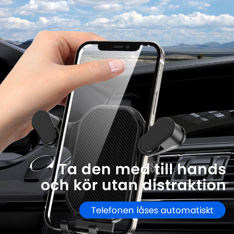 "Svart mobilhållare för bil med krokfäste och 360° rotering. Stabiliseras effektivt mot vibrationer och ojämna vägar."