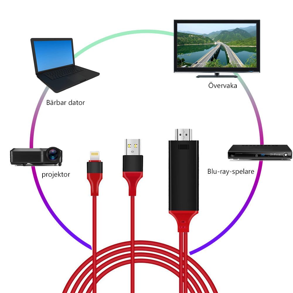 "Svart och röd HDMI-skärmadapterkabel, 2m, kompatibel med iOS/Android, 1080P HD, för TV-anslutning och spegling."
