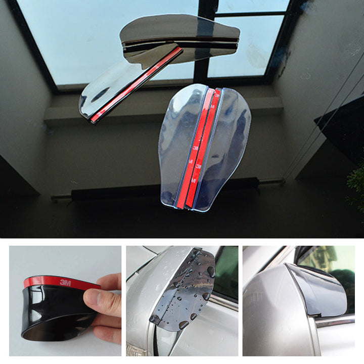 "Svart och transparent regnskydd för bilbakspegel, skyddar mot repor och förbättrar sikt under alla väderförhållanden."