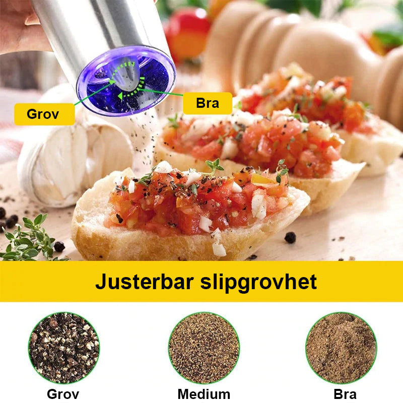 "Svart-silver elektrisk salt- och pepparkvarn med gravitationsinduktion, hållbar design i rostfritt stål och glas."