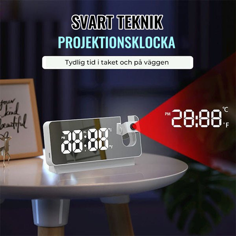 "Svart vit digital projektionsklocka med tydlig LED-skärm och takprojektion för enkel tidsvisning i sovrum."