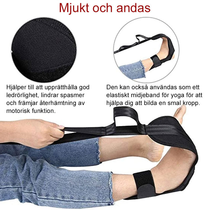 Svart yoga stretchband av mjukt bandtyg, med multi-ring spänne, perfekt för stretch och återhämtning, 110 cm lång.