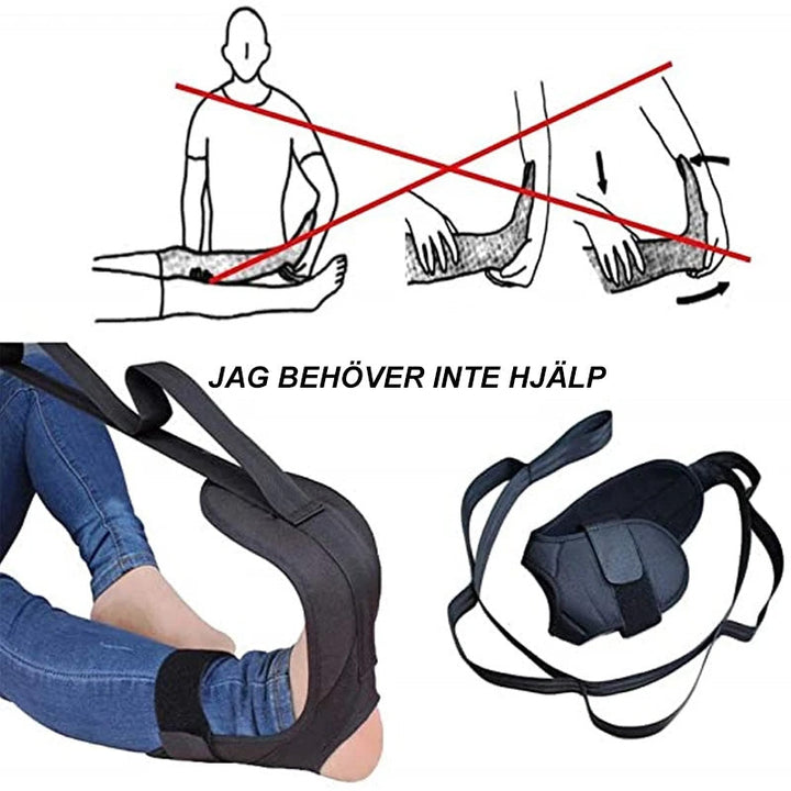 Svart yoga stretchband av mjukt bandtyg, med multi-ring spänne, perfekt för stretch och återhämtning, 110 cm lång.