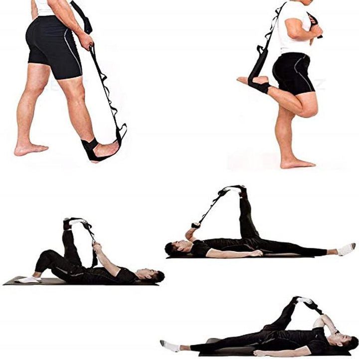 Svart yoga stretchband av mjukt bandtyg, med multi-ring spänne, perfekt för stretch och återhämtning, 110 cm lång.
