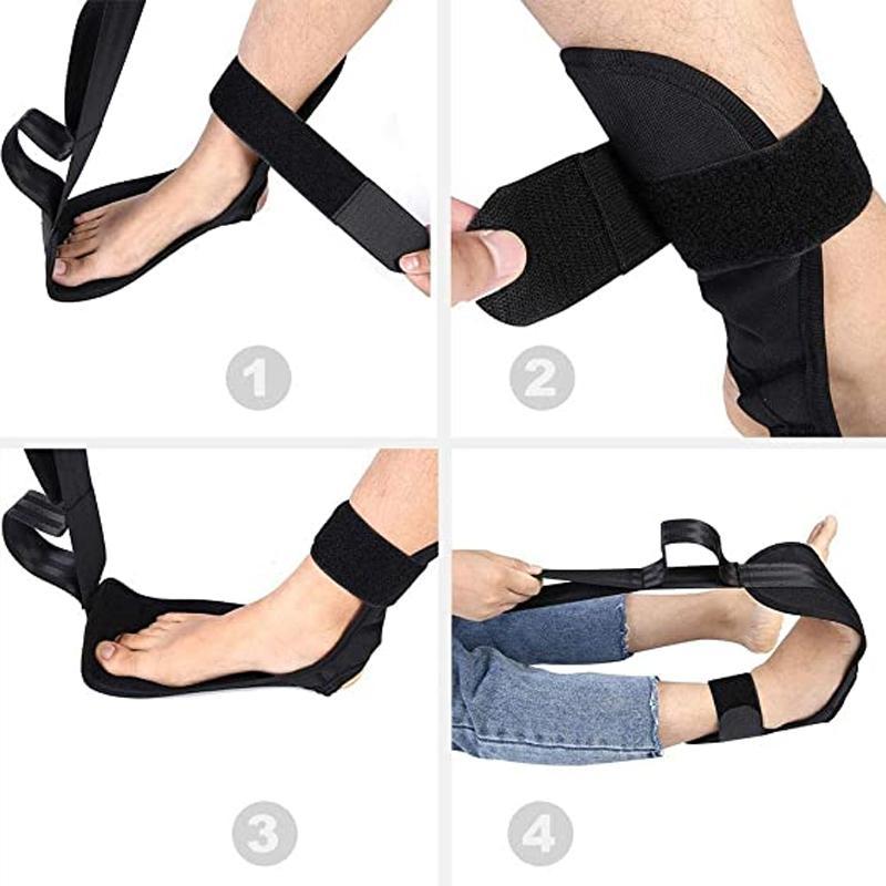 Svart yoga stretchband av mjukt bandtyg, med multi-ring spänne, perfekt för stretch och återhämtning, 110 cm lång.