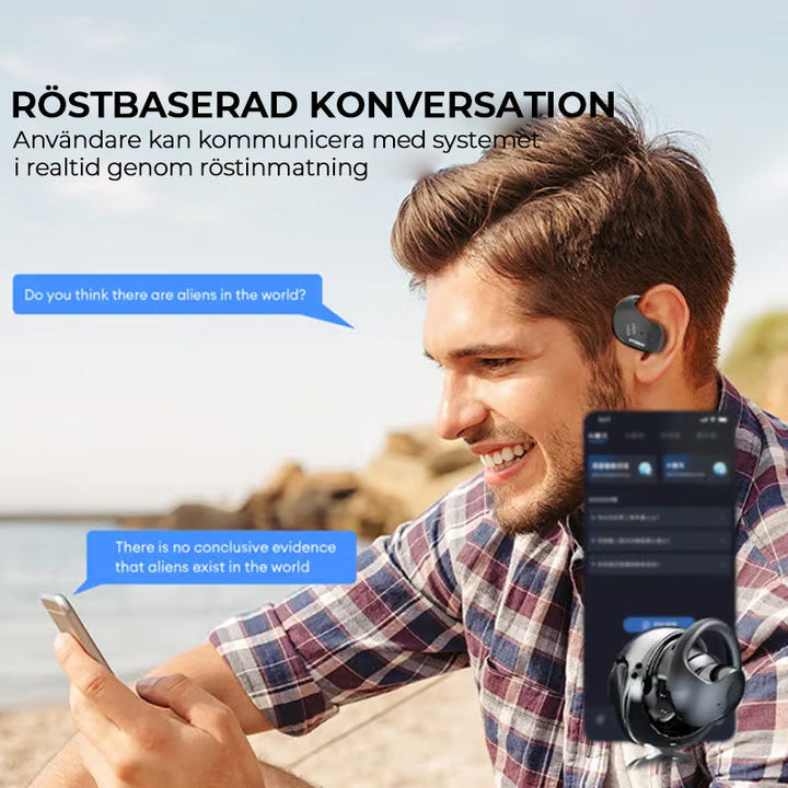 "Svarta trådlösa Bluetooth-öronsnäckor med AI för översättning och klart ljud, perfekt för resor och arbete."