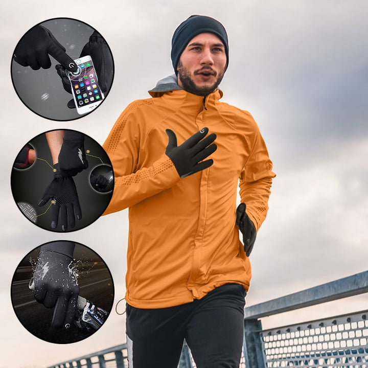 "Svarta vinterhandskar med touchscreen-funktion för män, visar förstärkta fingertoppar och elastiska muddar för komfort."