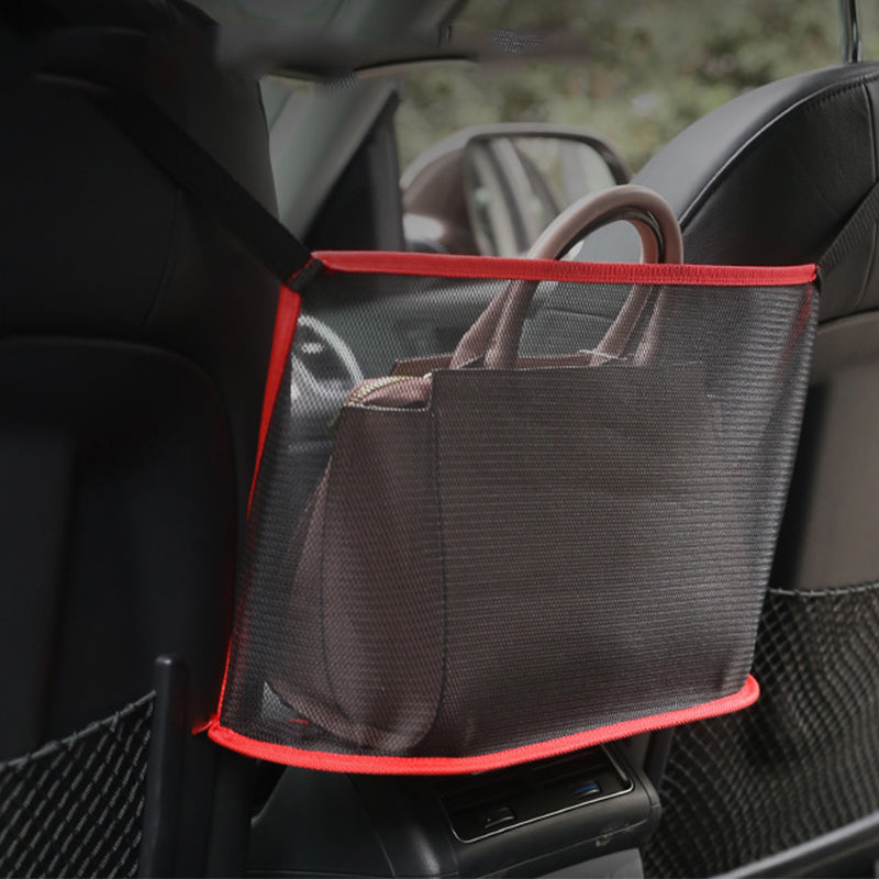 "Svart/röd bilnät handväska hållare med justerbara remmar och hållbar konstruktion för bilinteriör förvaring."